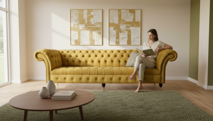 Chesterfield textile, mobilier rembourré en luxueux design de canapé, canapé 4 places neuf.