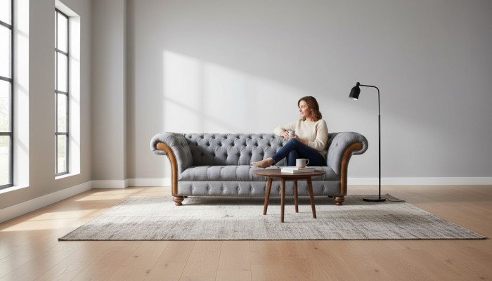 Canapé en tissu Chesterfield Canapé luxueux Tapisserie de canapé Siège Gris Textile