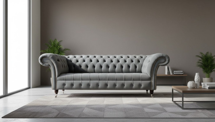 Canapé Chesterfield en velours à trois places pour meubles de bureau, 230 cm gris.
