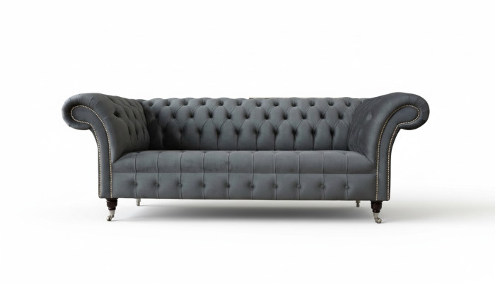Canapé Chesterfield en velours à trois places pour meubles de bureau, 230 cm gris.
