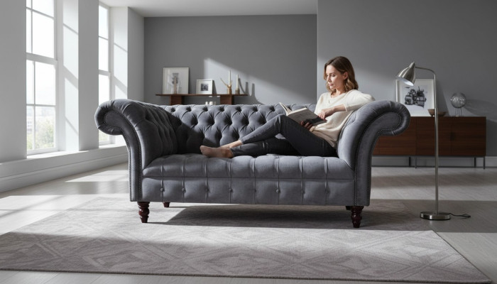 Canapé 2 places canapé Design rembourrage textile tissu gris Chesterfield neuf