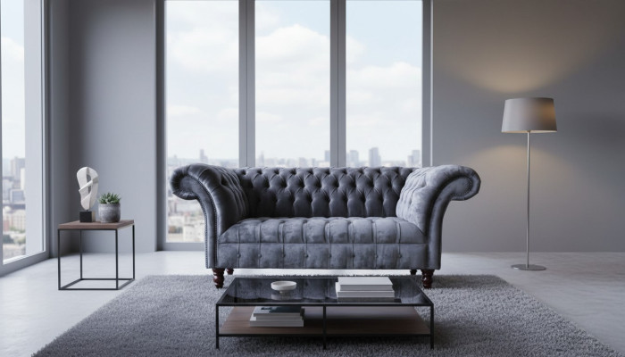 Canapé 2 places canapé Design rembourrage textile tissu gris Chesterfield neuf