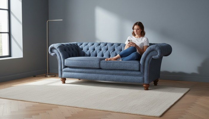 Canapé Chesterfield anglais pour bureau trois places en velours de 230 cm