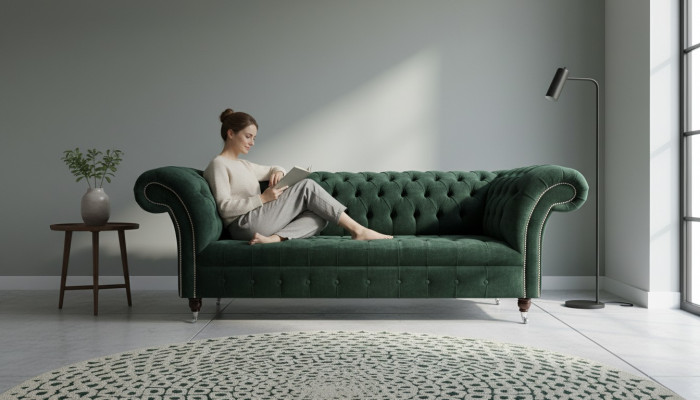 Canapé vert trois places de luxe, design de siège de canapé trois places.