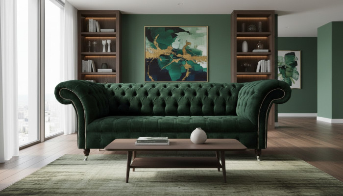 Canapé vert trois places de luxe, design de siège de canapé trois places.
