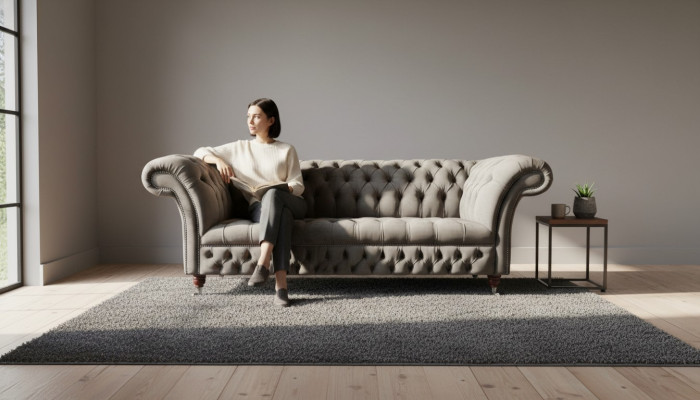Canapé Chesterfield 3 places en velours taupe de 230cm de long en anglais
