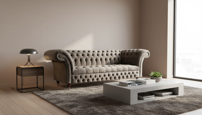 Canapé Chesterfield 3 places en velours taupe de 230cm de long en anglais