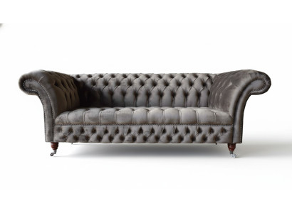 Canapé Chesterfield 3 places en velours taupe de 230cm de long en anglais