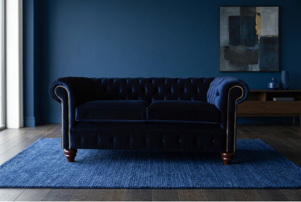 Canapé Chesterfield design classique anglais bleu 3 places, revêtement 230 cm.