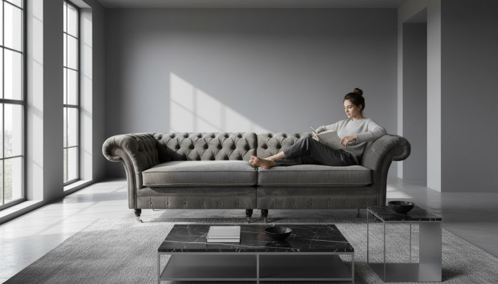 Chesterfield Canapé 4 Places Canapé 4 Places Tissu Polyester Gris Mobilier
