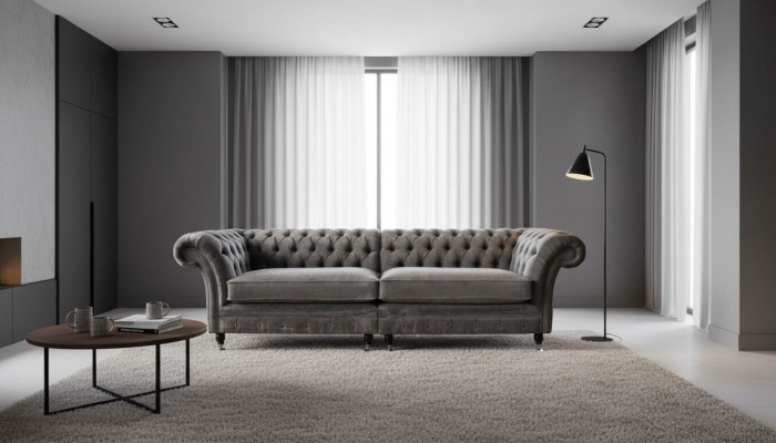 Chesterfield Canapé 4 Places Canapé 4 Places Tissu Polyester Gris Mobilier