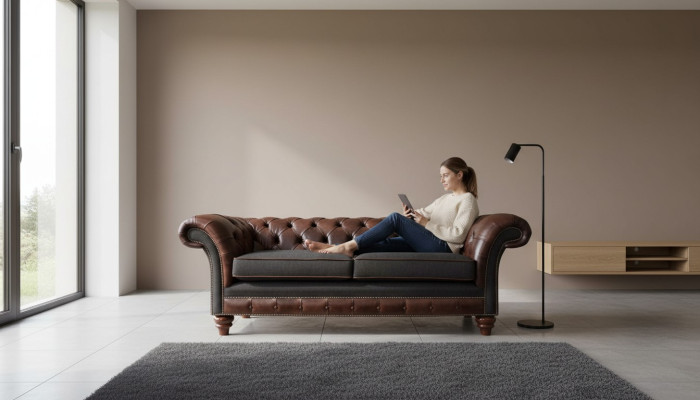 Canapé Chesterfield marron de style anglais classique R 3 places en tissu d'ameublement de 230 cm