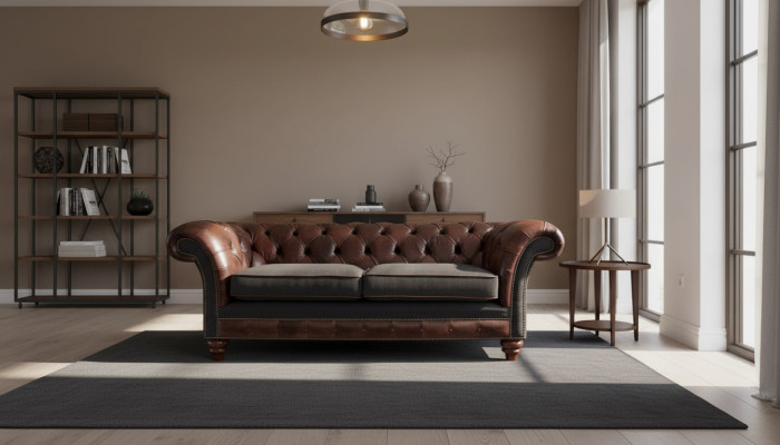 Canapé Chesterfield marron de style anglais classique R 3 places en tissu d'ameublement de 230 cm