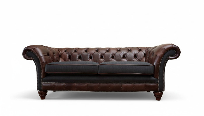 Canapé Chesterfield marron de style anglais classique R 3 places en tissu d'ameublement de 230 cm