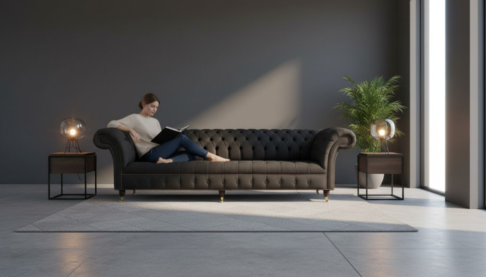 Canapé Chesterfield 4 places en tissu noir pour salon Design Canapé Rembourrage