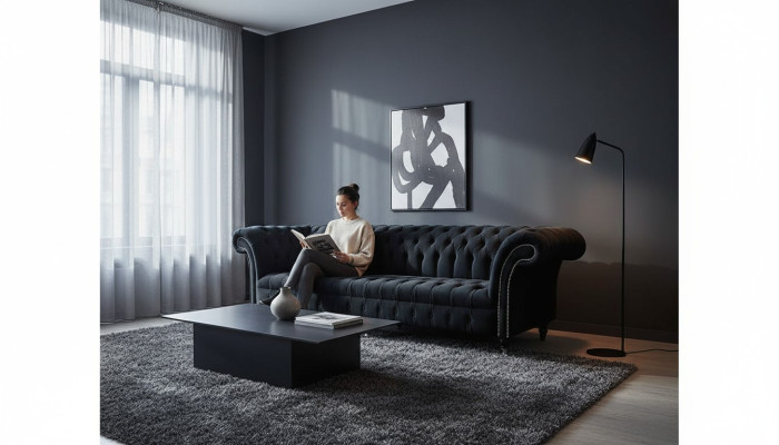 Canapé 4 places Chesterfield Tapisserie Design Salon Luxe Bois neuf