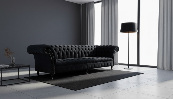 Canapé 4 places Chesterfield Tapisserie Design Salon Luxe Bois neuf