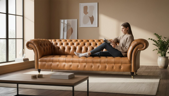 Canapé en cuir Chesterfield 4 places Canapés en cuir de luxe Revêtement en cuir Salon