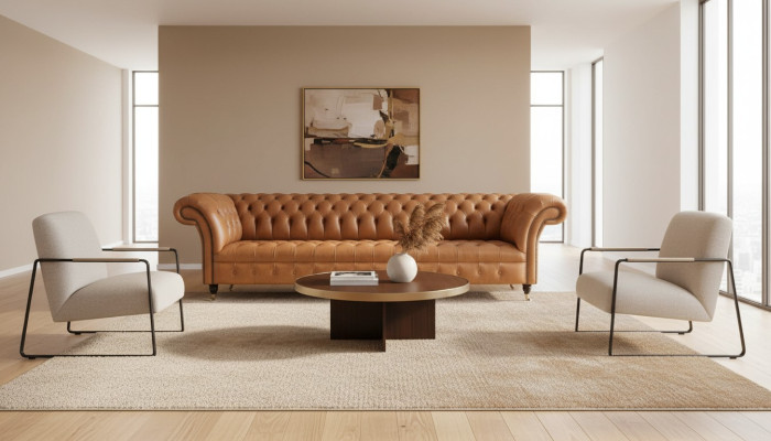 Canapé en cuir Chesterfield 4 places Canapés en cuir de luxe Revêtement en cuir Salon