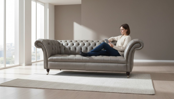 Canapé Chesterfield gris classique anglais de style R avec 3 places et un revêtement de 230 cm.