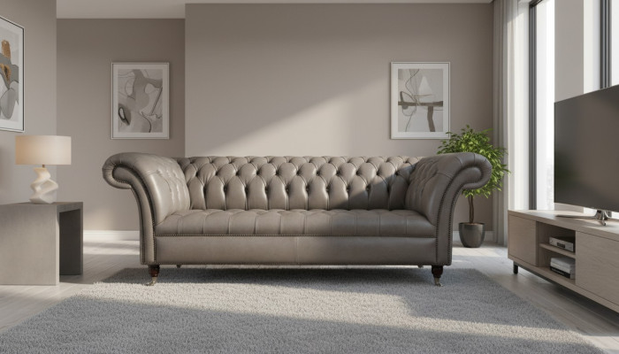 Canapé Chesterfield gris classique anglais de style R avec 3 places et un revêtement de 230 cm.