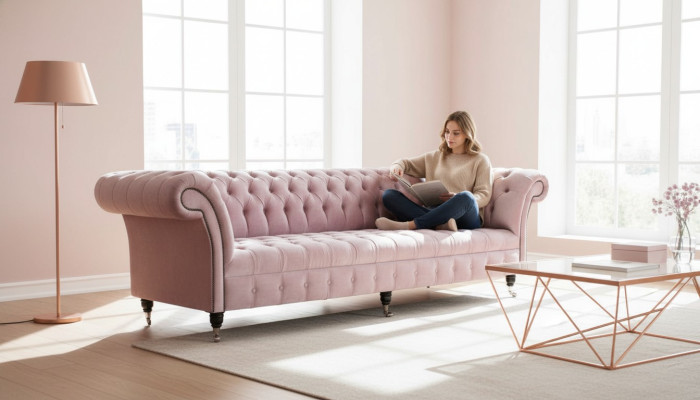 Canapé Chesterfield rose en tissu 4 places Canapé Sofa.revêtement de siège.
