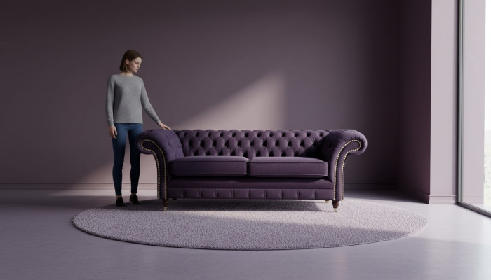 Canapé Chesterfield style classique anglais R 3 places en tissu violet 230cm