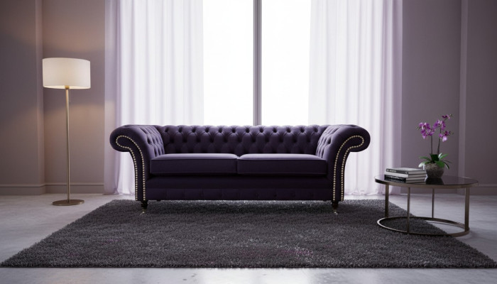 Canapé Chesterfield style classique anglais R 3 places en tissu violet 230cm