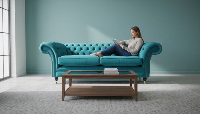 Chesterfield Trois places Canapé Rembourrage en tissu bleu Design Salon