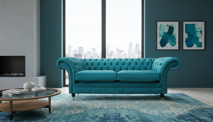 Chesterfield Trois places Canapé Rembourrage en tissu bleu Design Salon