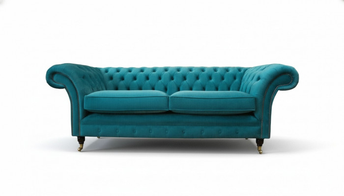 Chesterfield Trois places Canapé Rembourrage en tissu bleu Design Salon