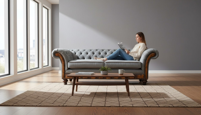 Canapé moderne trois places de luxe gris en tissu textile.