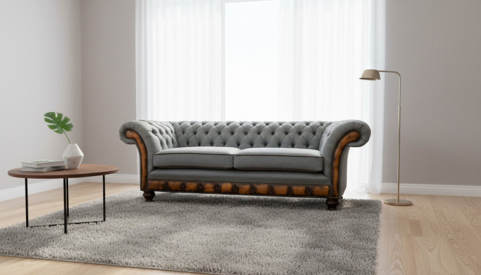 Canapé moderne trois places de luxe gris en tissu textile.