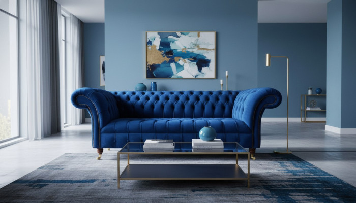 Canapé trois places Chesterfield en bleu. Canapés trois places en tissu de luxe.