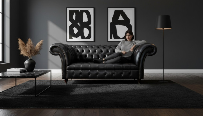Trois places Canapé de luxe 3 canapés en cuir Noir Chesterfield