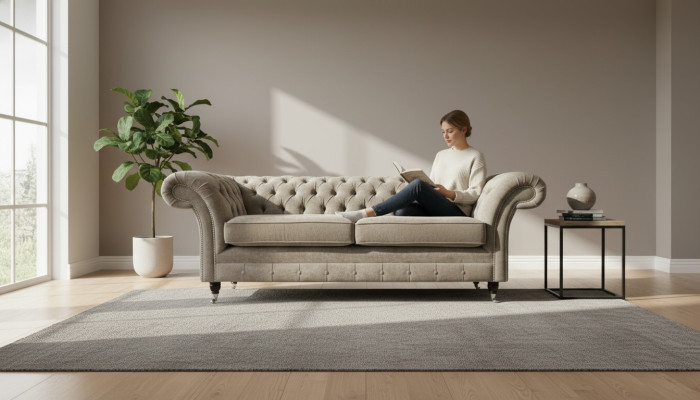 Canapé Chesterfield trois places Sofa 3 places Tissu gris Salon de luxe