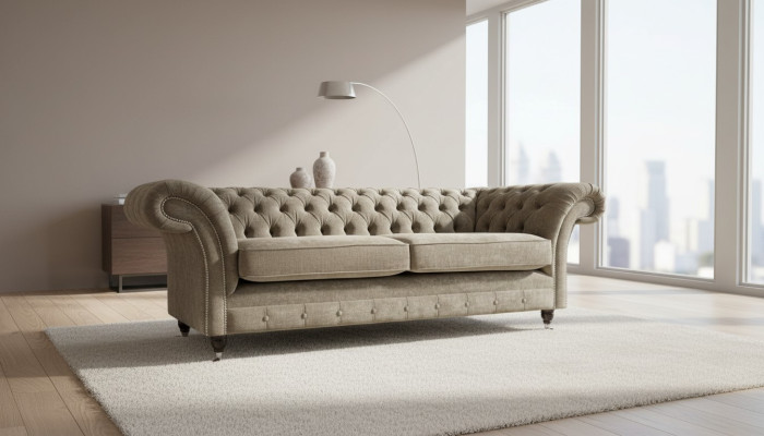 Canapé Chesterfield trois places Sofa 3 places Tissu gris Salon de luxe