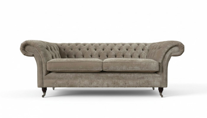 Canapé Chesterfield trois places Sofa 3 places Tissu gris Salon de luxe