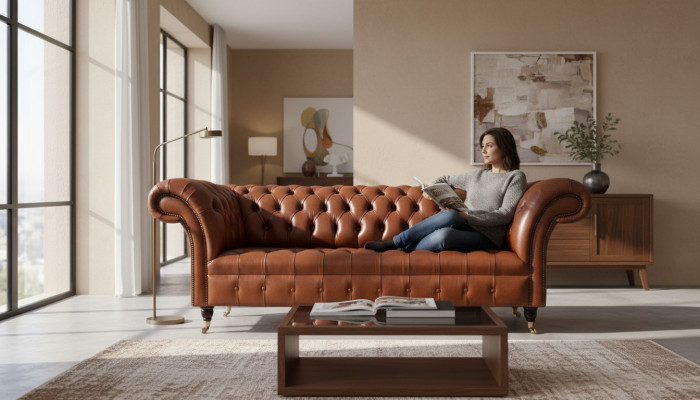 Canapé Chesterfield 3 places en cuir brun moderne pour le salon