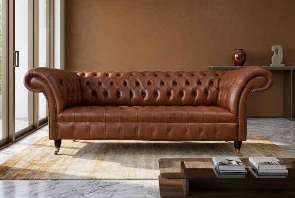Canapé Chesterfield 3 places en cuir brun moderne pour le salon