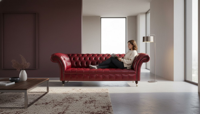 Canapé 3 places en cuir Chesterfield marron de luxe 230cm en tissu