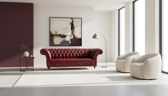 Canapé 3 places en cuir Chesterfield marron de luxe 230cm en tissu