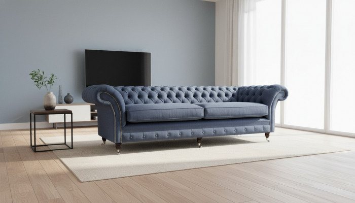 Canapé Chesterfield design 4 places en tissu bleu pour salon