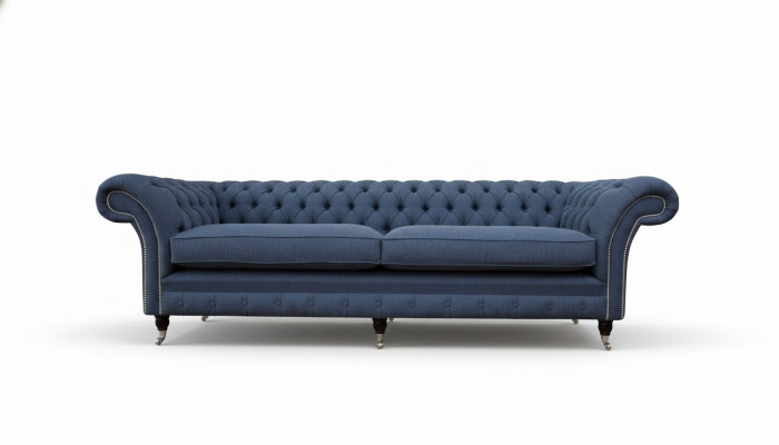 Canapé Chesterfield design 4 places en tissu bleu pour salon