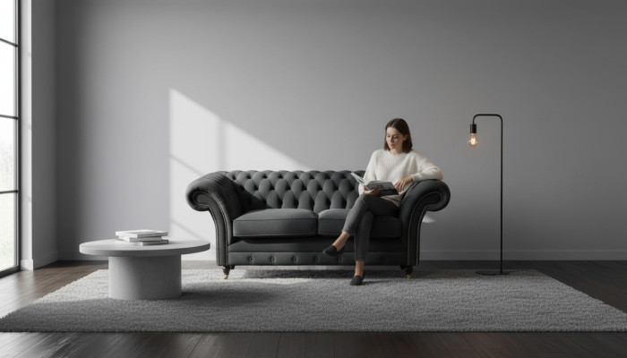 Chesterfield Noir 2 Places Canapé Tissu Design Sofa Textile