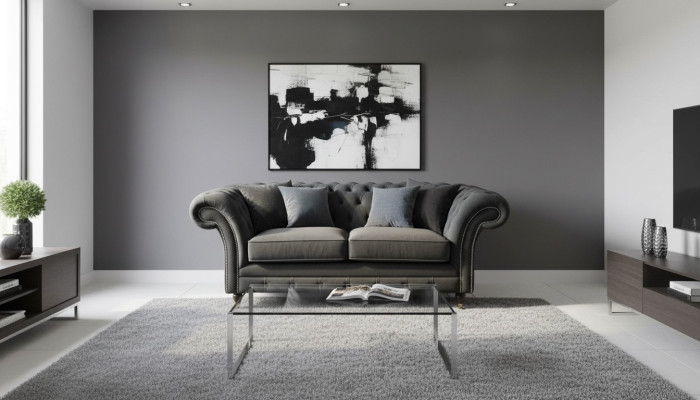 Chesterfield Noir 2 Places Canapé Tissu Design Sofa Textile