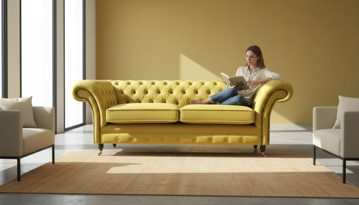 Textile 3 places Canapé en tissu bleu 230cm Chesterfield Sofa Upholstery Design