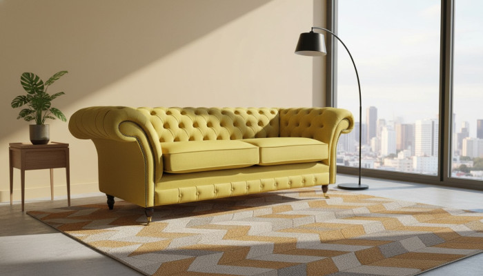 Textile 3 places Canapé en tissu bleu 230cm Chesterfield Sofa Upholstery Design