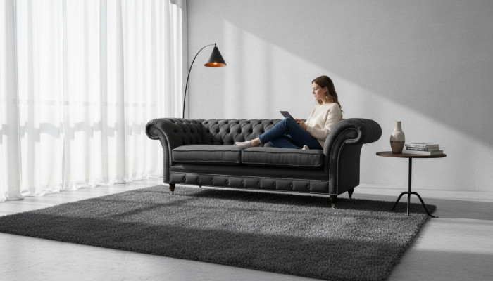 Sofa de salon Chesterfield canapé trois places design noir meuble neuf