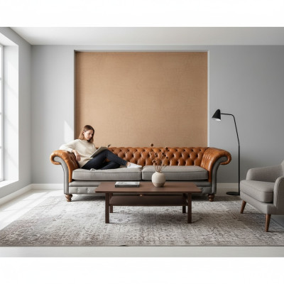Canapé Chesterfield classique 4 places en marron - Design textile haut de gamme et élégant en cuir